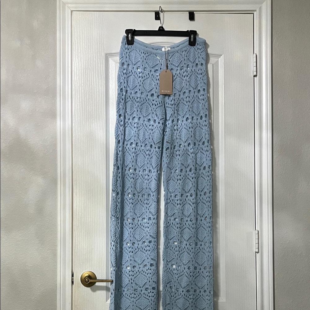Meshki Light Blue Crochet Wide-Leg Pants